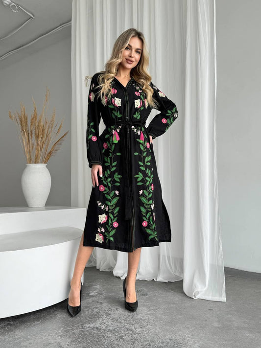Embroidered Dress “Mysteria” – Black Floral Midi Vyshyvanka