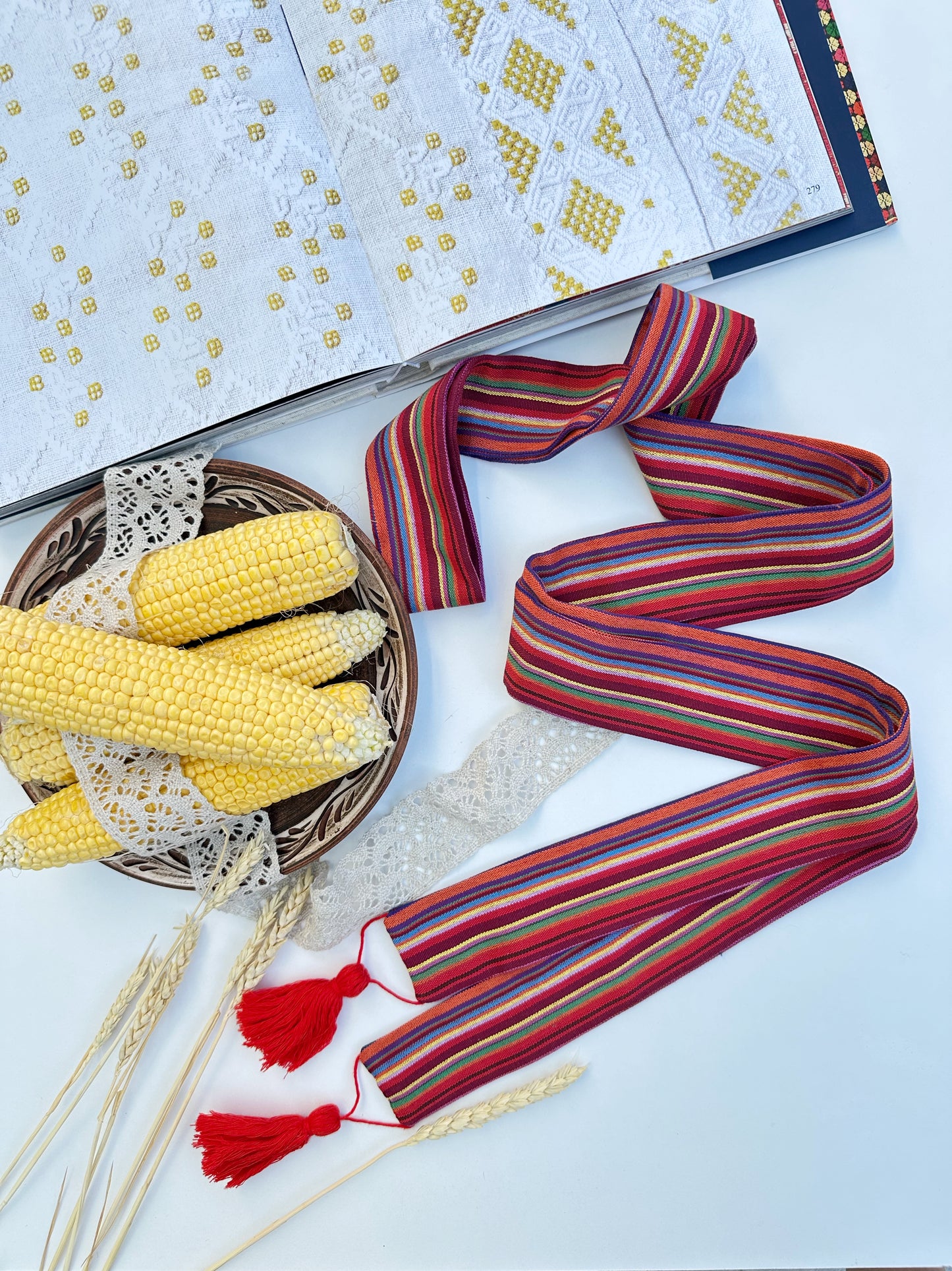 Ukrainian sash “Barvysta” | Ethno striped belt with red tassels
