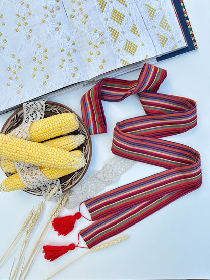Ukrainian sash “Barvysta” | Ethno striped belt with red tassels