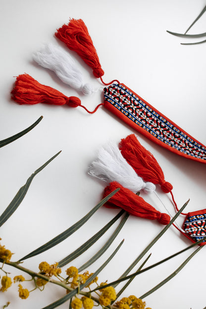 Sash Belt “Red Weave” — Ethnic Waist Belt with Woven Ribbon and Handmade Tassels