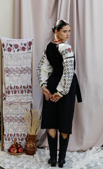 Chorna Ruzha Black Embroidered Midi Dress with Roses