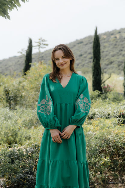 Flora Emerald Dress — embroidered oversized silhouette dress