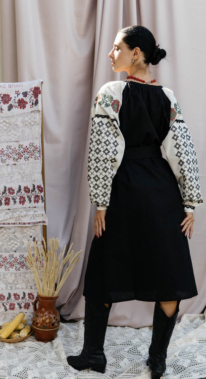 Chorna Ruzha Black Embroidered Midi Dress with Roses