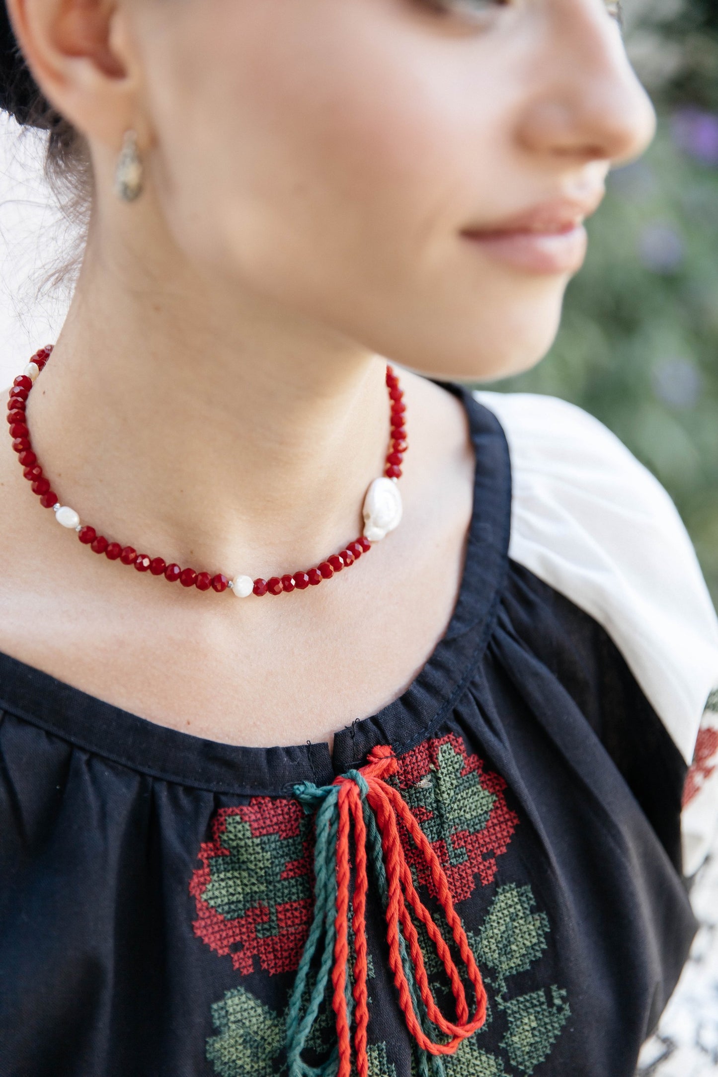 Rubina – Red Crystal Choker with Baroque Pearl | Elegant Minimalist Necklace