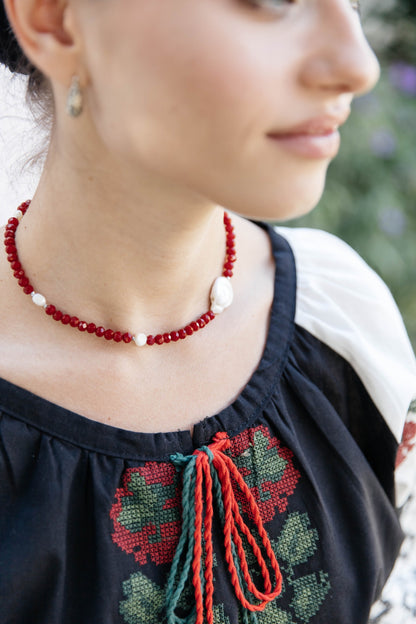 Rubina – Red Crystal Choker with Baroque Pearl | Elegant Minimalist Necklace