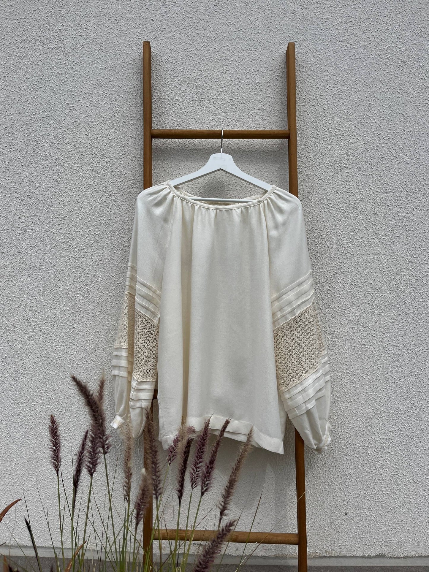 Merezhka Linen & Viscose Women’s Blouse with Lace Sleeves | Modern Ethnic Style