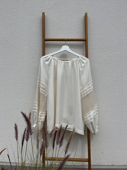 Merezhka Linen & Viscose Women’s Blouse with Lace Sleeves | Modern Ethnic Style