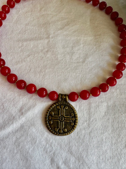 “Kolo Svitla” Necklace – Red Coral Necklace with Hutsul Cross Pendant | Ethnic Jewelry by Goya Concept
