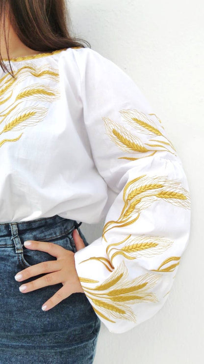 Women’s Cotton Plus Size Vyshyvanka with Wheat Embroidery “Nyva”