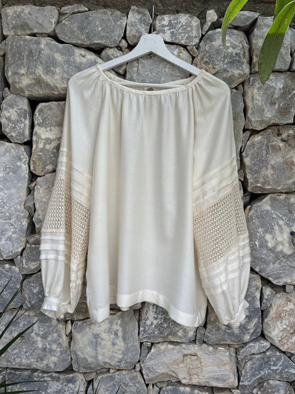 Merezhka Linen & Viscose Women’s Blouse with Lace Sleeves | Modern Ethnic Style