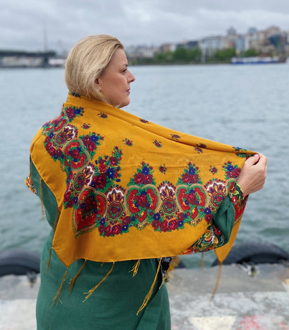 Scarf “Saffron” – Mustard Floral Square Scarf with Fringe 90×90 cm | Goya Concept