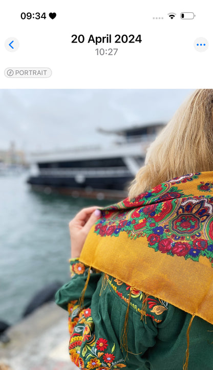 Scarf “Saffron” – Mustard Floral Square Scarf with Fringe 90×90 cm | Goya Concept