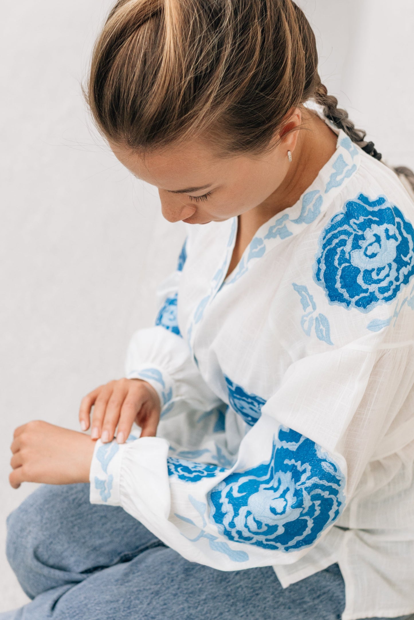 Vyshyvanka “Aquarelle” — White Embroidered Blouse with Blue Peonies