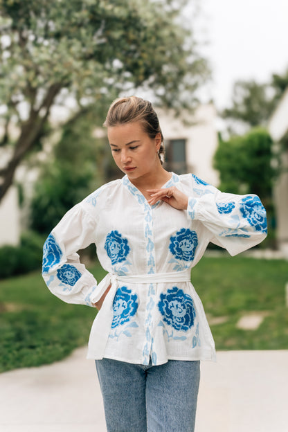 Vyshyvanka “Aquarelle” — White Embroidered Blouse with Blue Peonies