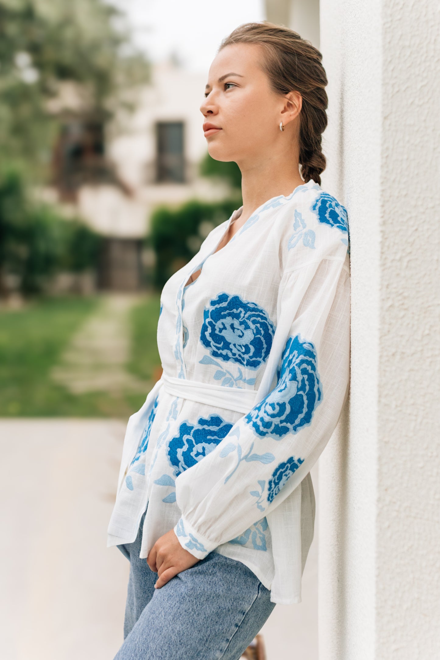 Vyshyvanka “Aquarelle” — White Embroidered Blouse with Blue Peonies