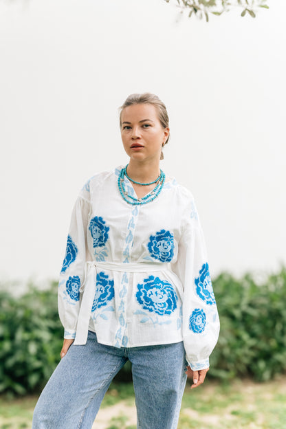 Vyshyvanka “Aquarelle” — White Embroidered Blouse with Blue Peonies