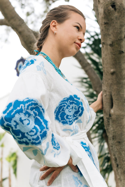 Vyshyvanka “Aquarelle” — White Embroidered Blouse with Blue Peonies