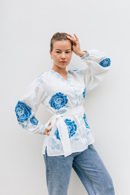 Vyshyvanka “Aquarelle” — White Embroidered Blouse with Blue Peonies