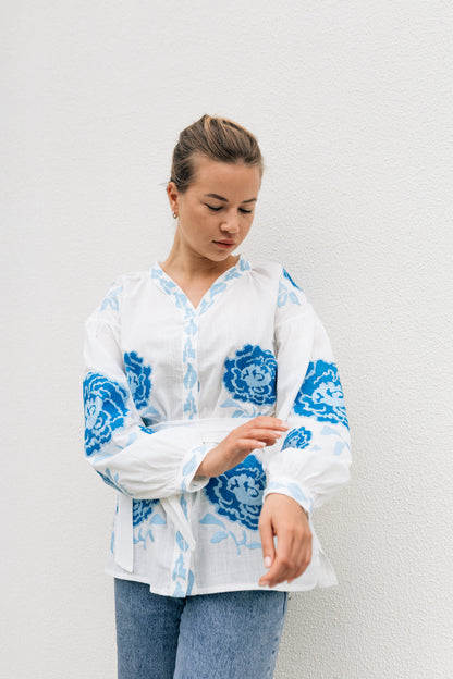 Vyshyvanka “Aquarelle” — White Embroidered Blouse with Blue Peonies