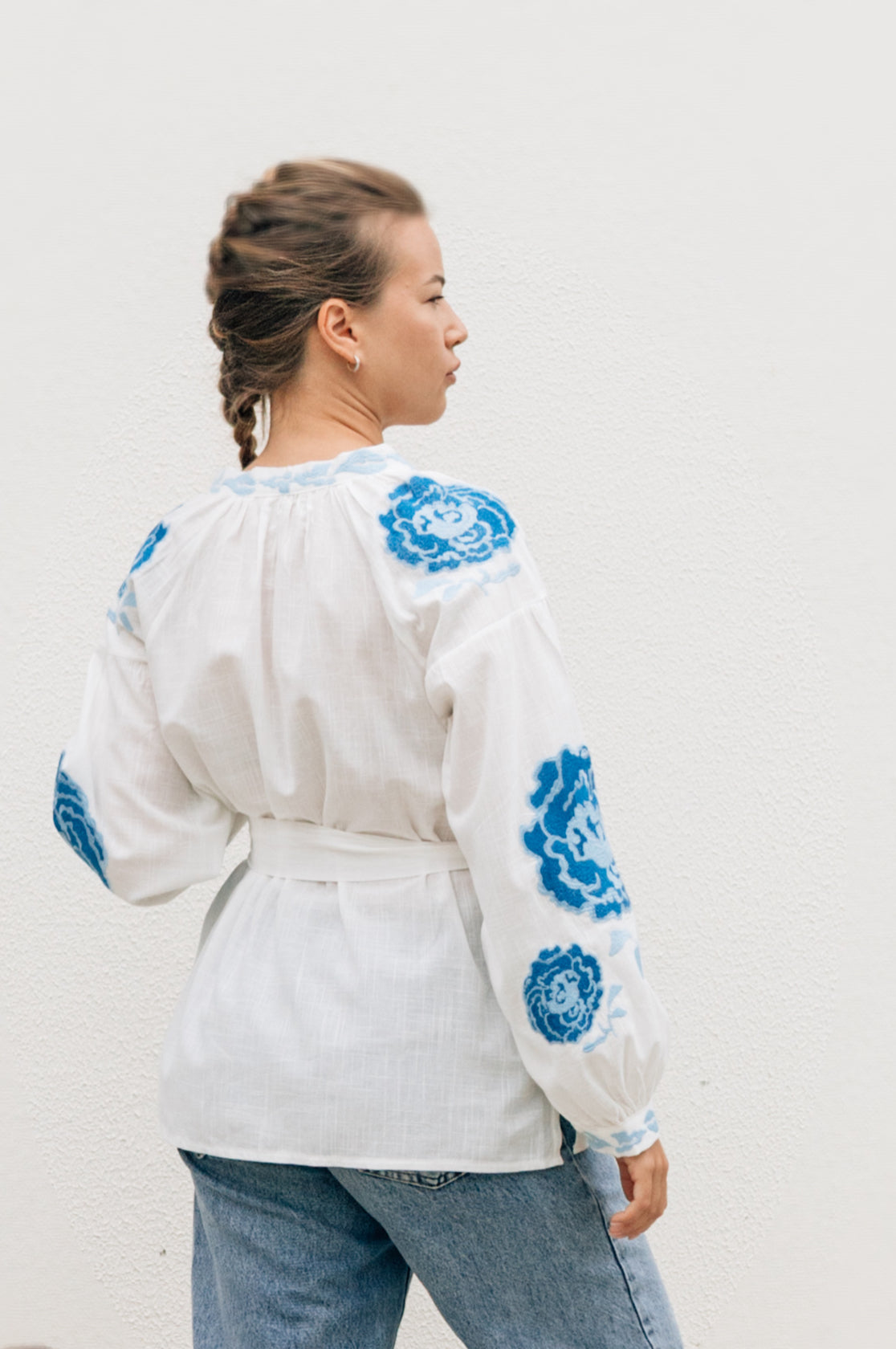 Vyshyvanka “Aquarelle” — White Embroidered Blouse with Blue Peonies