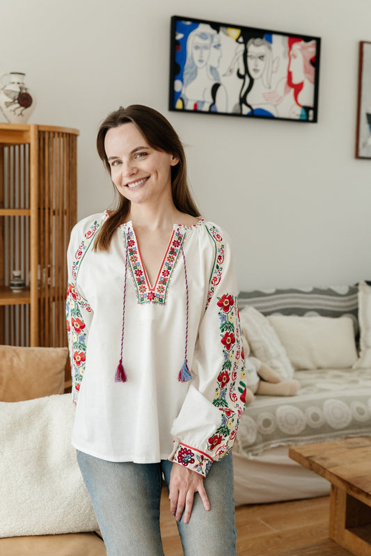 Vyshyvanka “Yaryna” — Women’s Ukrainian Embroidered Blouse with Floral Ornament