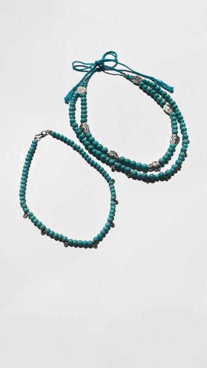 “Blue Leaves” Necklace Set | Double-Strand Turquoise Necklace and Choker