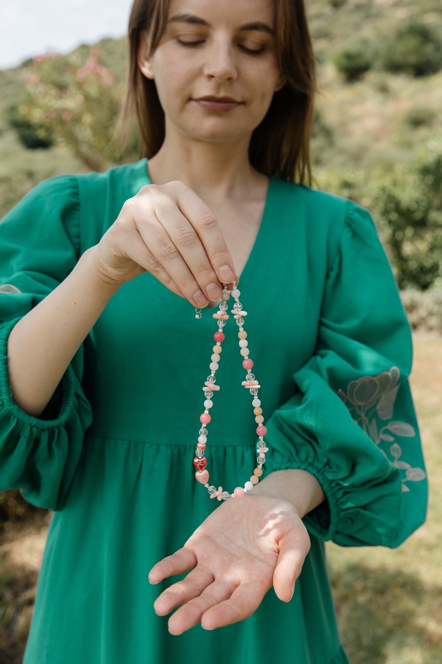 Caramel Heart Choker — Pink Quartz & Coral Necklace