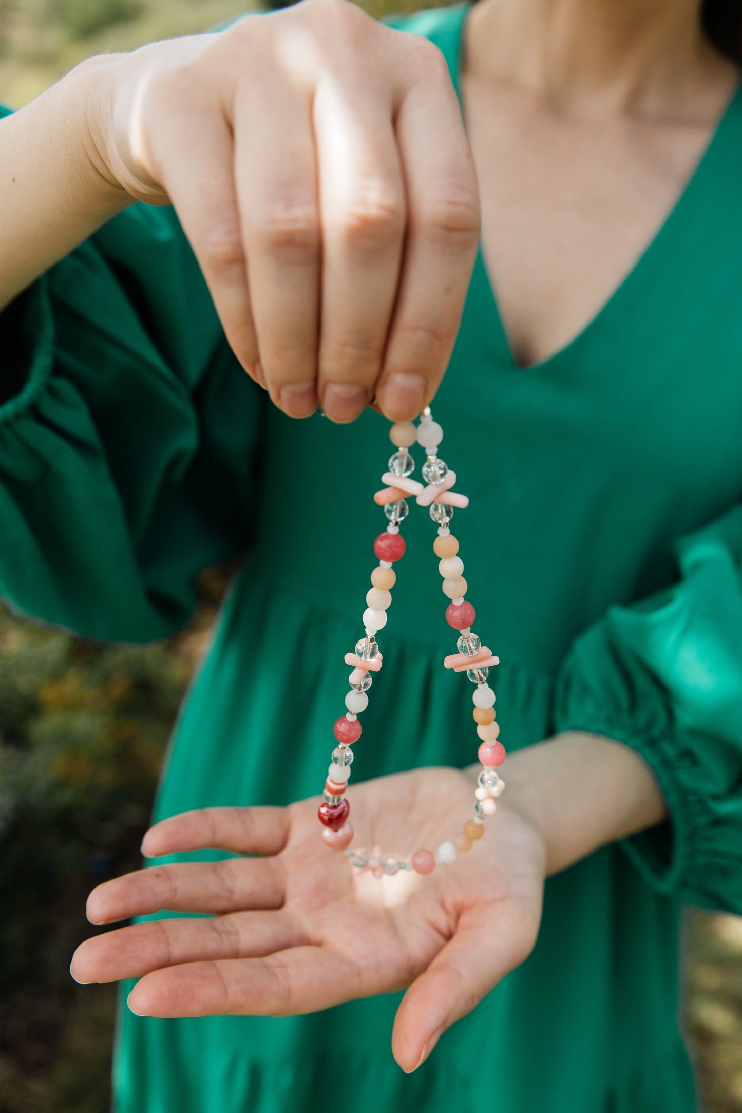 Caramel Heart Choker — Pink Quartz & Coral Necklace