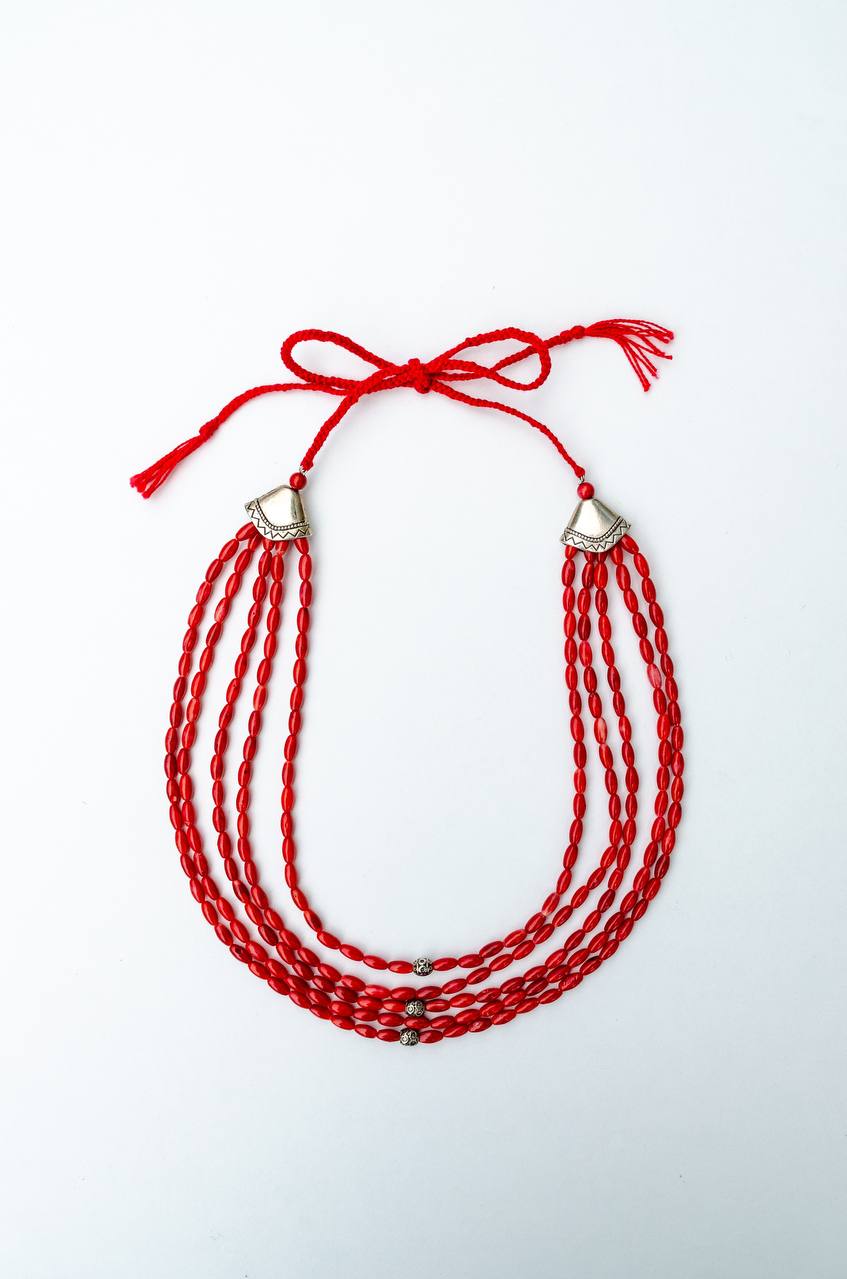 Five-Strand Coral Necklace “Shypshyna” — Red Multi Layer Beaded Necklace