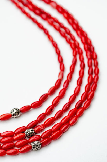 Five-Strand Coral Necklace “Shypshyna” — Red Multi Layer Beaded Necklace