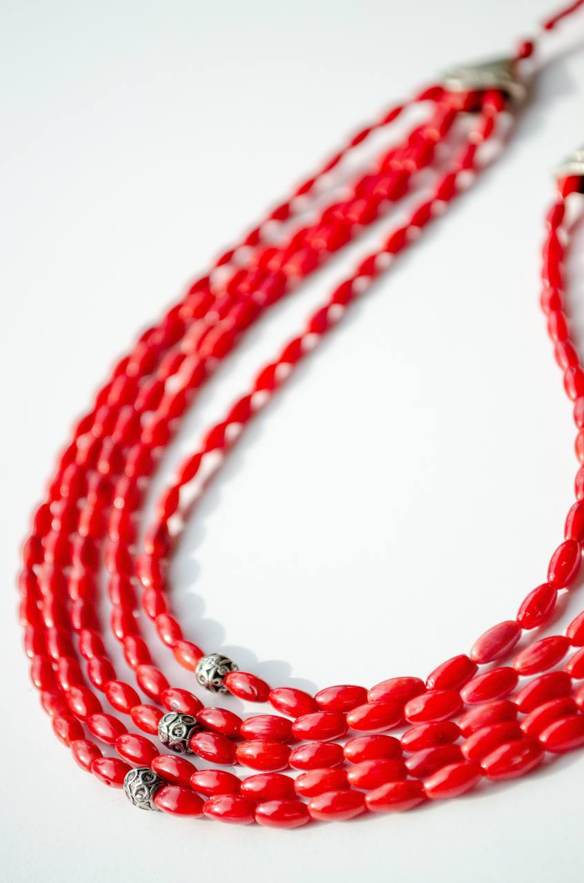 Five-Strand Coral Necklace “Shypshyna” — Red Multi Layer Beaded Necklace