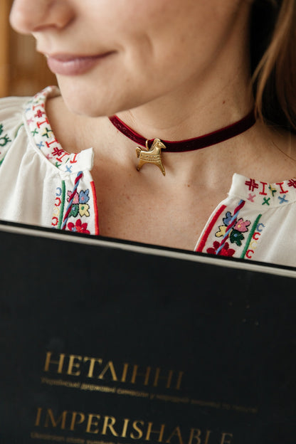 Konyk Brass Horse Pendant Necklace with velvet ribbon
