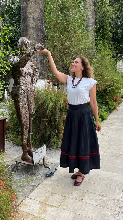 “Halyna” linen cotton midi skirt – navy blue with red velvet stripes