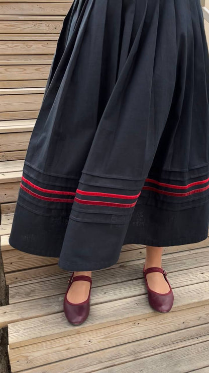 “Halyna” linen cotton midi skirt – navy blue with red velvet stripes