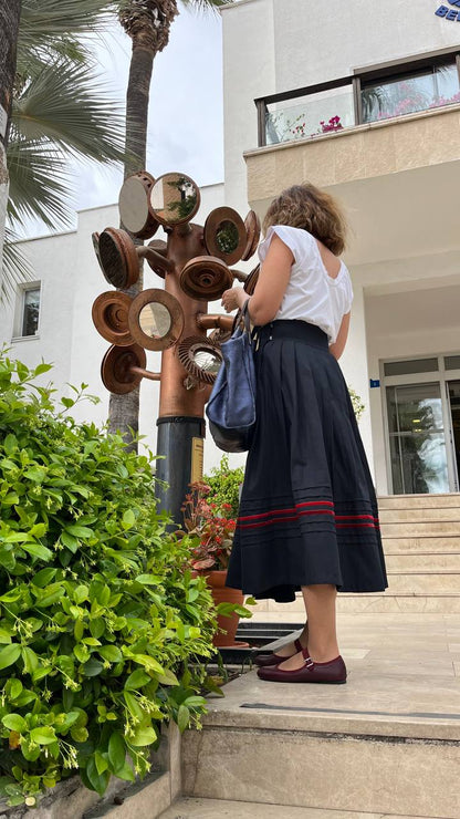 “Halyna” linen cotton midi skirt – navy blue with red velvet stripes
