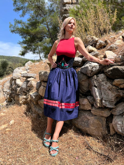 Skirt “Suzirya” – Dark Blue Linen Midi Skirt with Red Velvet Stripes | Goya Concept