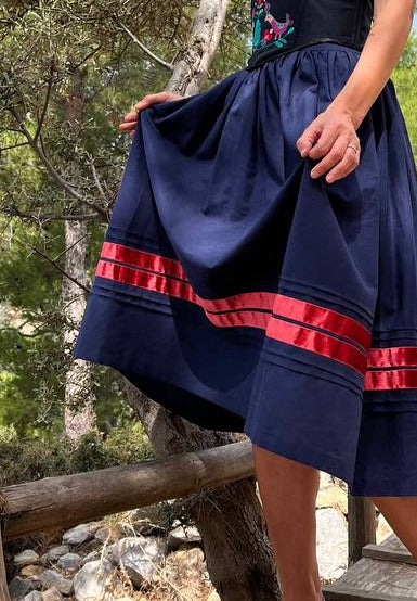 Skirt “Suzirya” – Dark Blue Linen Midi Skirt with Red Velvet Stripes | Goya Concept