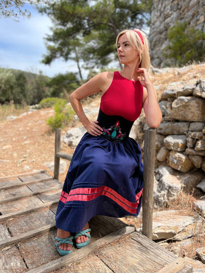 Skirt “Suzirya” – Dark Blue Linen Midi Skirt with Red Velvet Stripes | Goya Concept