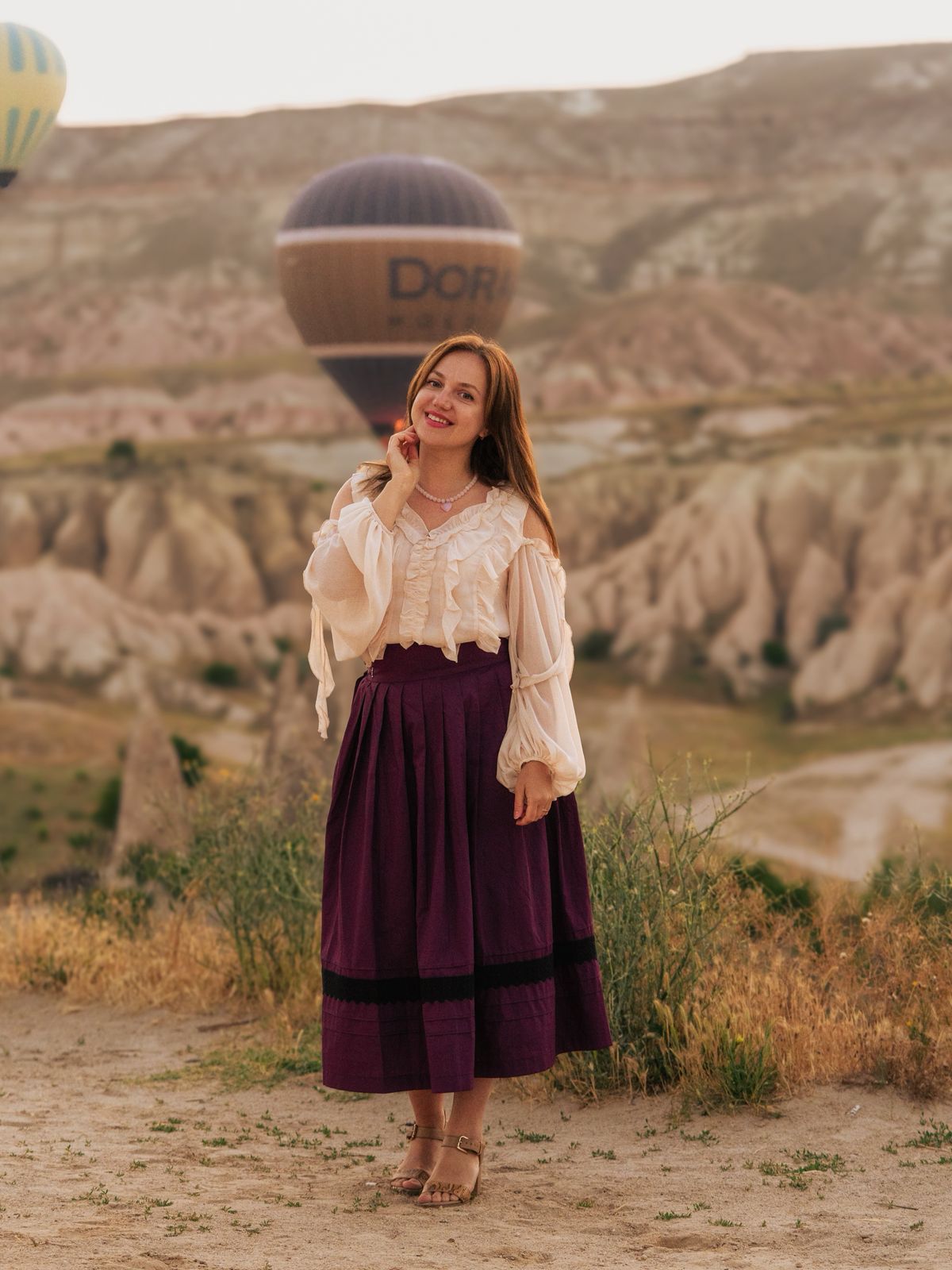 «Red Plum» midi skirt – A-line pleated polyviscose skirt with black lace trim and pintucks | Goya Concept