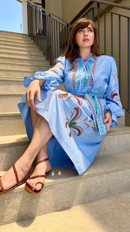 Serena Richelieu Blue Poplin Midi – Embroidered Dress