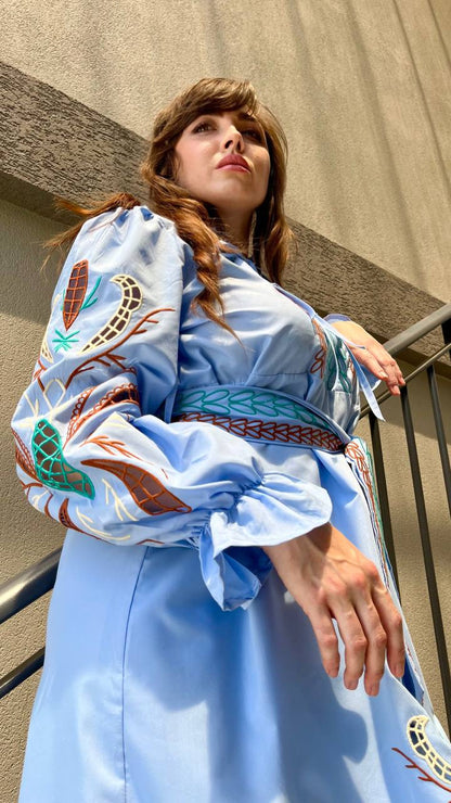 Serena Richelieu Blue Poplin Midi – Embroidered Dress