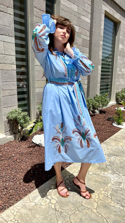 Serena Richelieu Blue Poplin Midi – Embroidered Dress