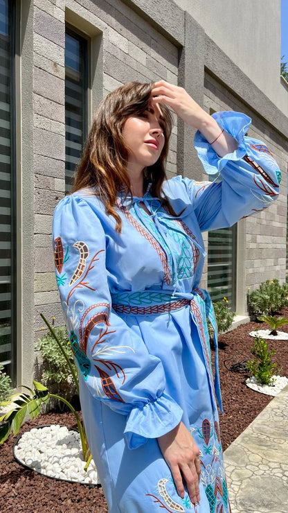 Serena Richelieu Blue Poplin Midi – Embroidered Dress