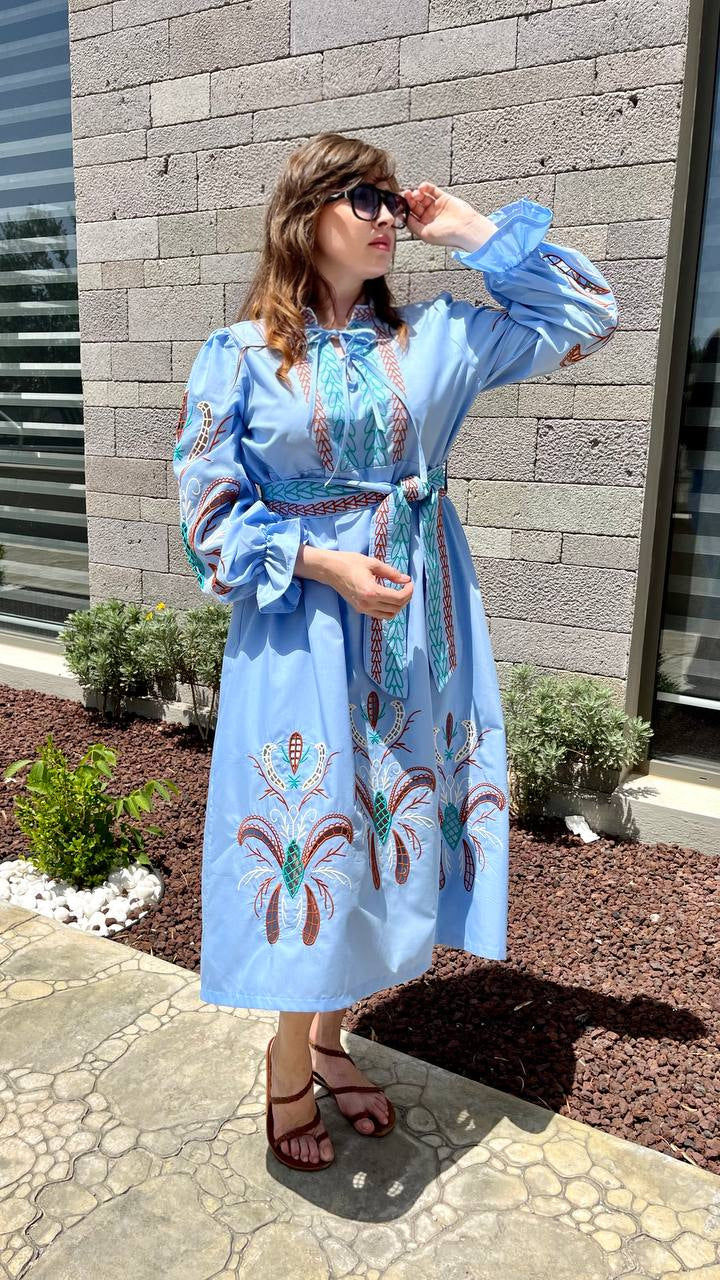 Serena Richelieu Blue Poplin Midi – Embroidered Dress