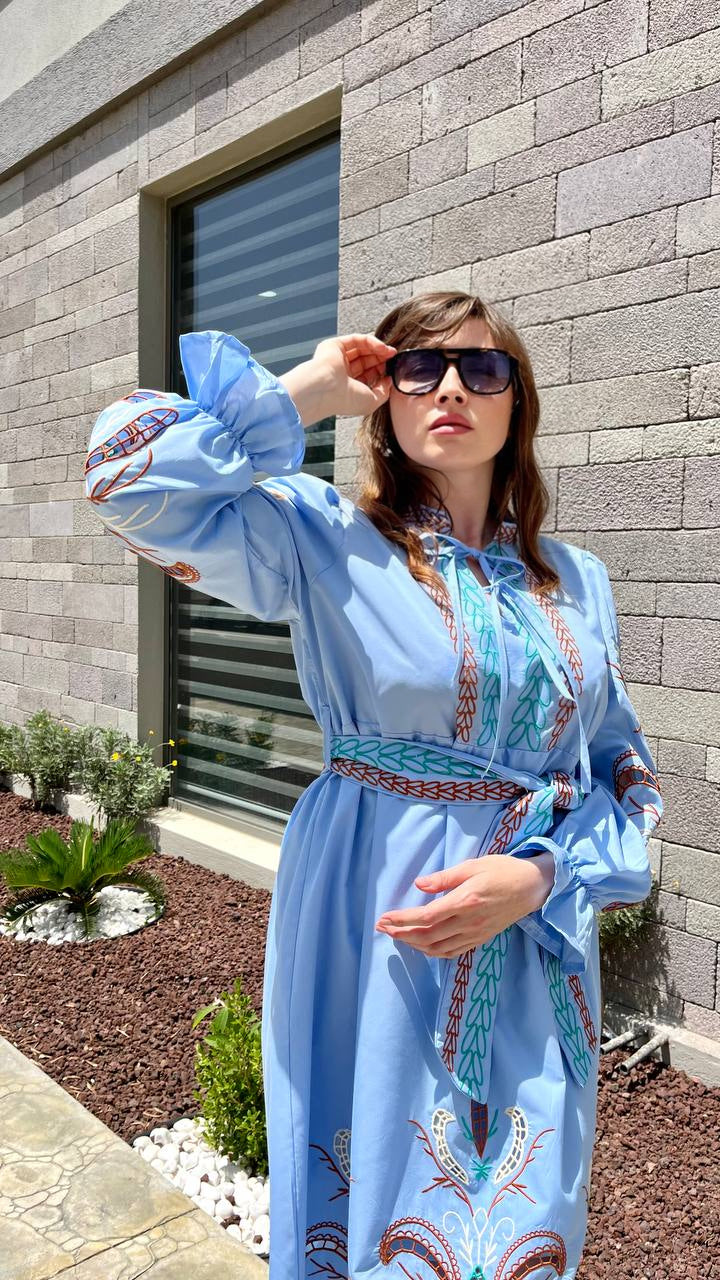 Serena Richelieu Blue Poplin Midi – Embroidered Dress