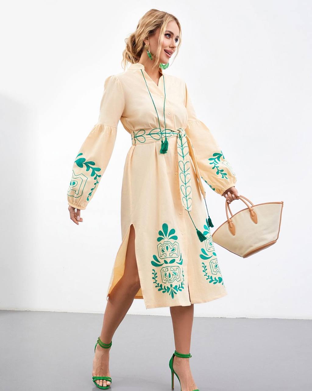 Embroidered Midi Dress "Green Sheaf"