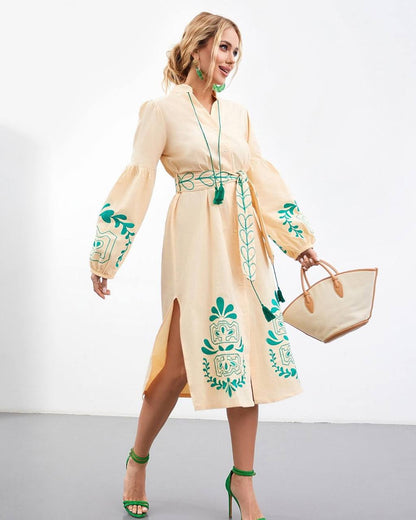 Embroidered Midi Dress "Green Sheaf"