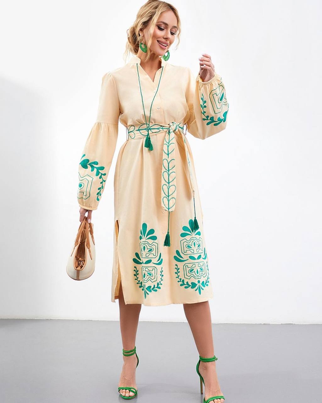 Embroidered Midi Dress "Green Sheaf"