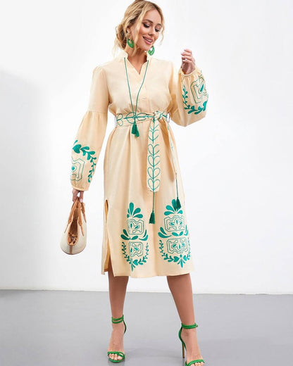 Embroidered Midi Dress "Green Sheaf"