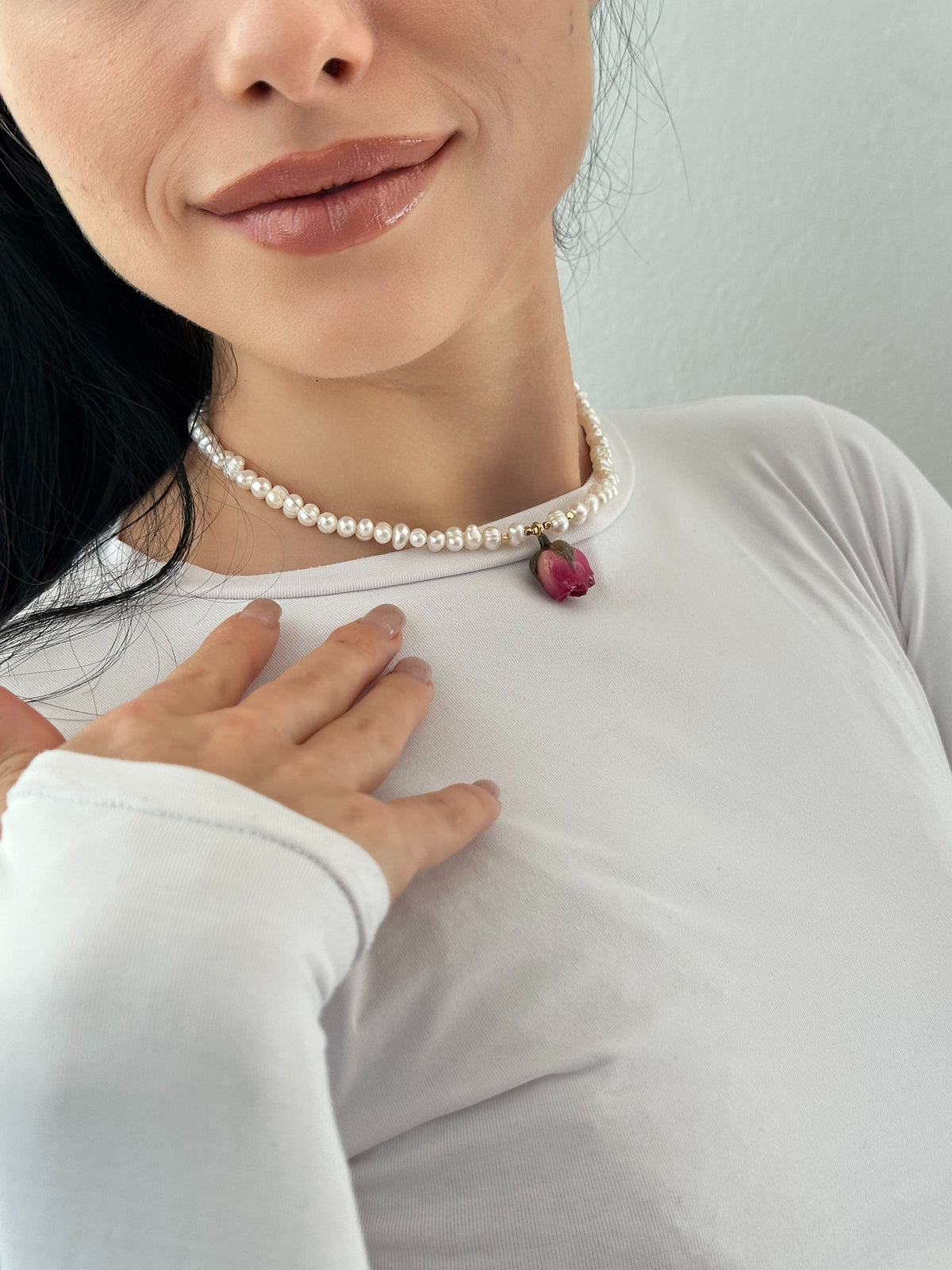Eliza Pearl Necklace with Rose Pendant